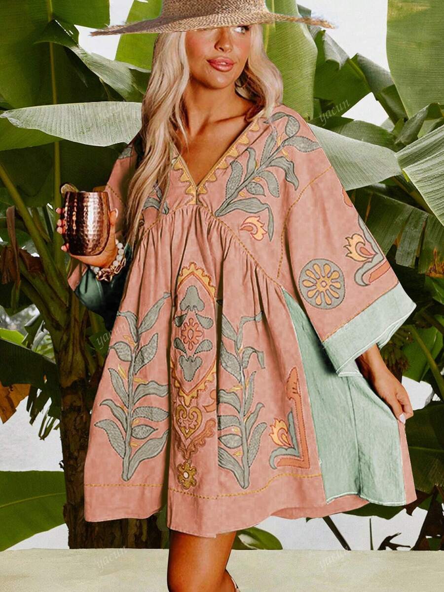 1pc Women Western & Bohemian Style Floral Print Vacation Boho Dress, Suitable For Street, Music Festival, Beach, Summer Casual Outfits