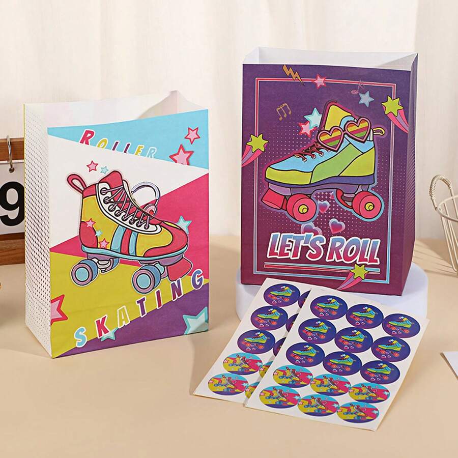 24 Peças Sacolas de Presente para Patinação no Gelo com Adesivos, Sacolas de Festa de Aniversário, Sacolas de Lembrancinhas de Patinação, Suprimentos para Festa de Patinação no Gelo