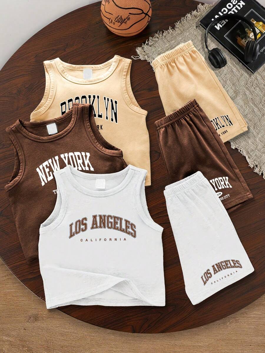 Set da 6 pezzi per neonato maschio, vestiti casual estivi con maglietta a girocollo e pantaloncini con stampa delle città Los Angeles, New York e Brooklyn