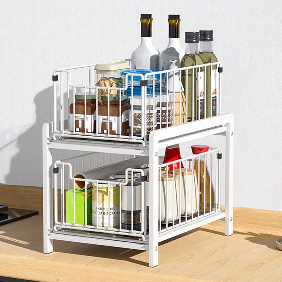 Living And Home Sliding Under-Sink Rack - 2-Tier Pull-Out Organizer (26cm White)