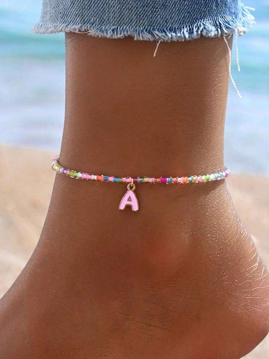 1 pieza Tobillera con estilo de playa, con 26 letras y cuentas de vidrio de color a la moda, adecuada para uso diario, un regalo pensado para la novia