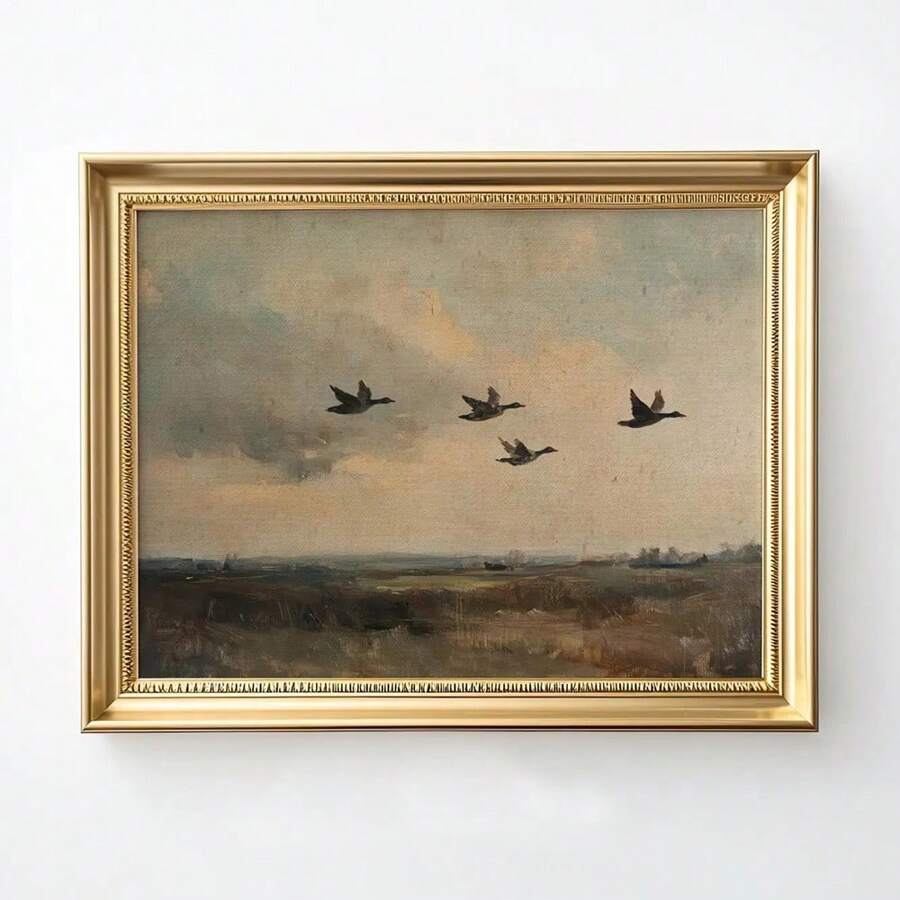 1pc Frameless Flying Ducks Vintage Wall Art Poster Canvas Print Minimalist Abstract Countryside Landscape Rustic Painting For Dorm,Apartment,Living Room,Bedroom,Modern Home Decoration