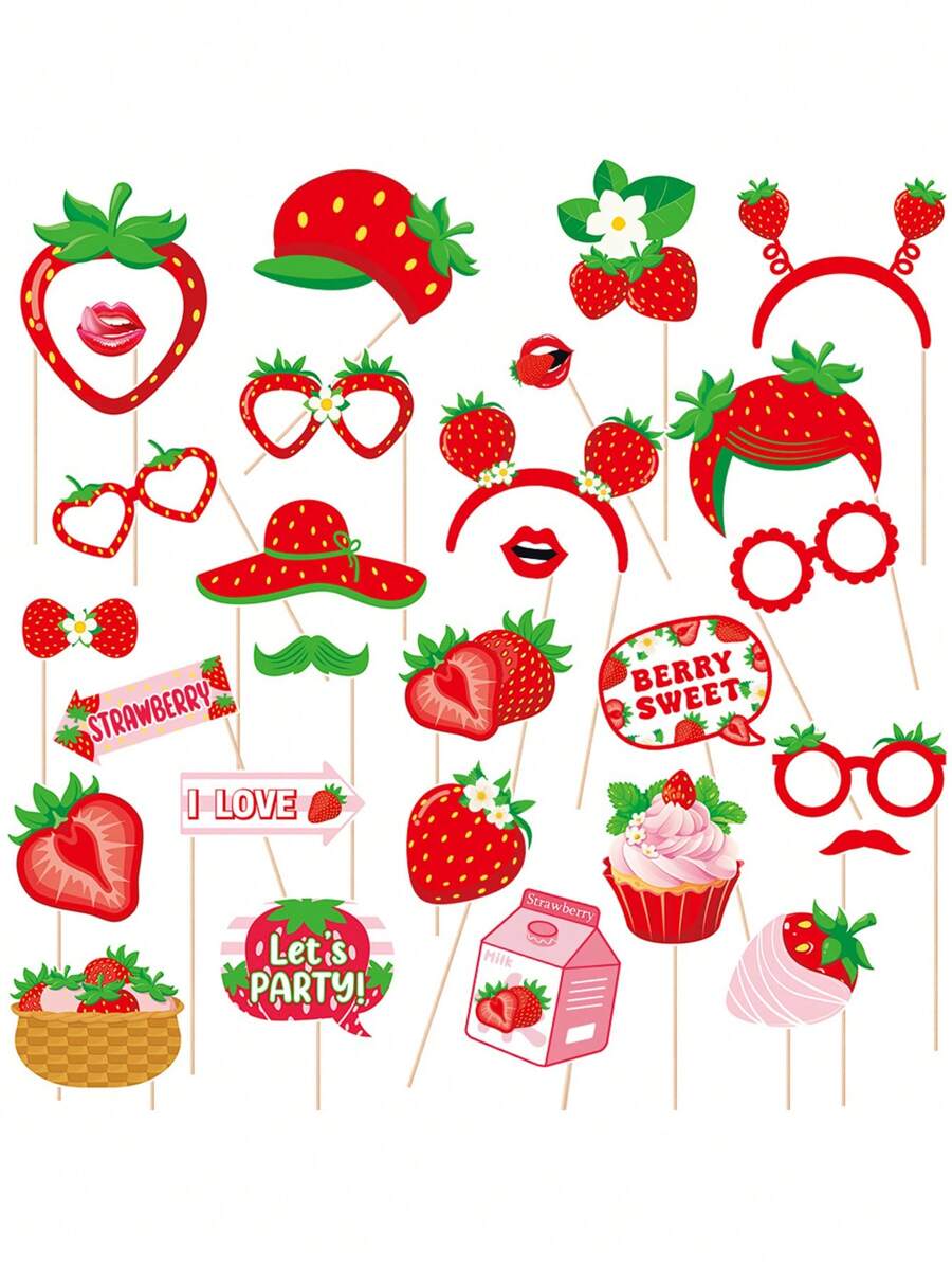28 Pcs/Set Summer Fruit Birthday Party Decorations Photo Props, Hawaiian Party Strawberry Selfie DIY Decorations