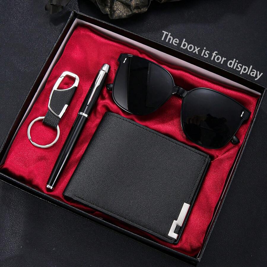 4pcs Men's Creative & Fashionable Business Casual Wallet Set, Versatile Multi-Function Wallet, Keychain, Ballpoint Pen And Sunglasses, Ideal Holiday Gift For Him, Solid Color PU Leather Anti-Theft Wallet, Romantic Holiday Atmosphere & Elegant