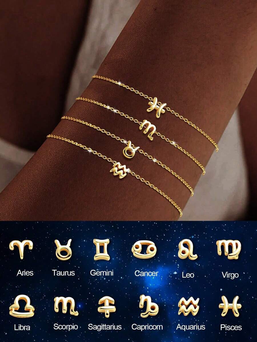 Bracelet de la constellation du zodiaque 12 en argent sterling plaqué or 14 carats, design minimaliste exquis. Bracelets empilables Bélier Taureau. Cadeau d'anniversaire de bijoux pour femmes.