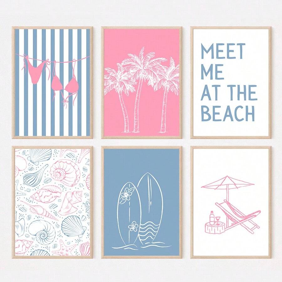 1/6pcs Pink And Blue Coastal Wall Art Picture Summer Bikini Prints Canvas Paintings Preppy Poster Vacation Beachy Decor For Bathroom, Living Room, Apartment Dorm Room Decor Umframed