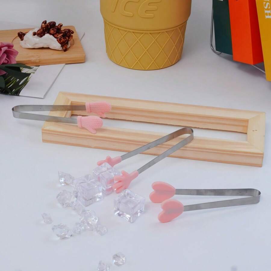 3pcs Mini Dessert Tongs Stainless Steel Ice Tongs, Heart-Shaped/Glove/Palm-Shaped Non-Slip Silicone High-Temperature Resistant Kitchen Food Tongs, Stainless Steel Food Tongs Bread Tongs Barbecue Tongs Anti-Scalding Barbecue Tongs, Candy Tongs/Cookie Tongs/Pastry Tongs/Snack Tongs/Ice Tongs/Salad Tongs/Fruit Tongs/ Heat-Resistant Tongs For Cooking/ Kitchen Tongs, Essential Kitchen Tools