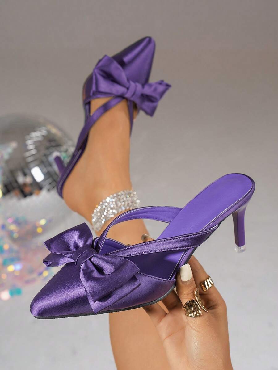 Damenhochschuhe, Neue Kollektion Sommer 2025, spitze Satin-Schleife lila Highheels, Mule Schuhe. Perfekt für den täglichen Gebrauch, Ausflüge, Urlaub, Hochzeiten und Partys. Sexy, elegant und stilvolle lila Abendschuhe, lila Absätze, modische Damenfußbekleidung.