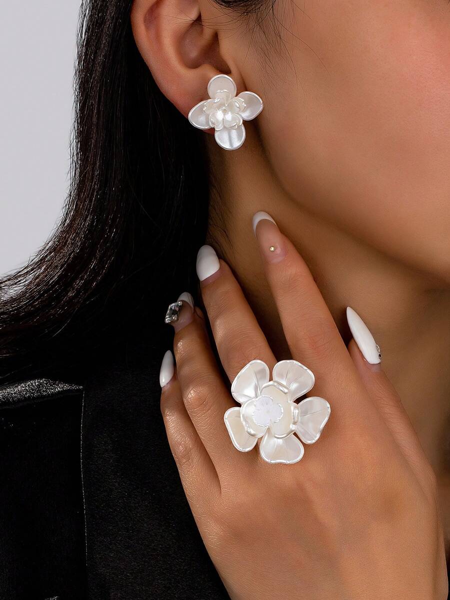 Set de regalo elegante y minimalista de 3 piezas - Anillo abierto con perla en forma de flor de rosa y aretes, accesorios de moda adecuados para mujeres, fiestas, regalos y uso diario