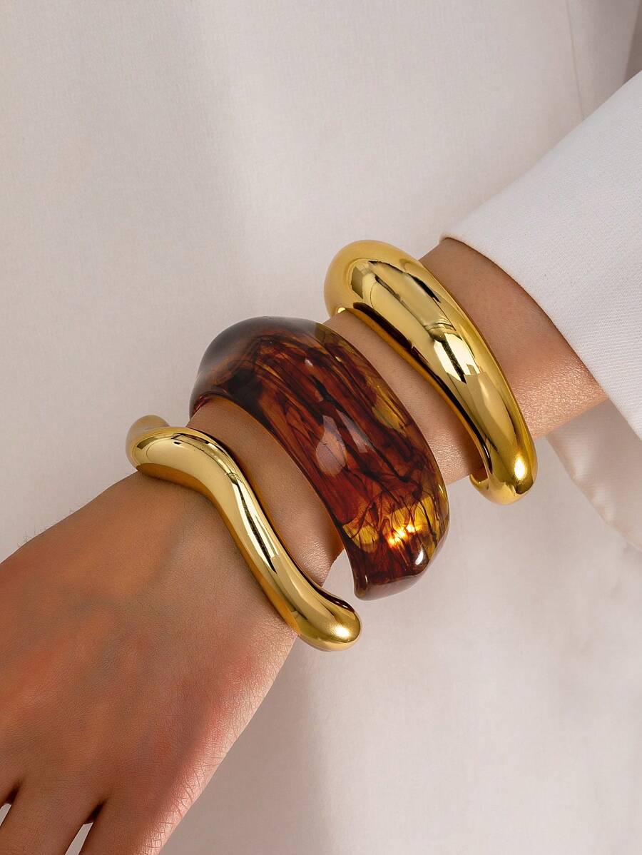 Set de 3 brazaletes anchos para mujer, brazaletes anchos y exagerados de color marrón, joyería de diseño básico para uso diario, pulsera apilable de resina