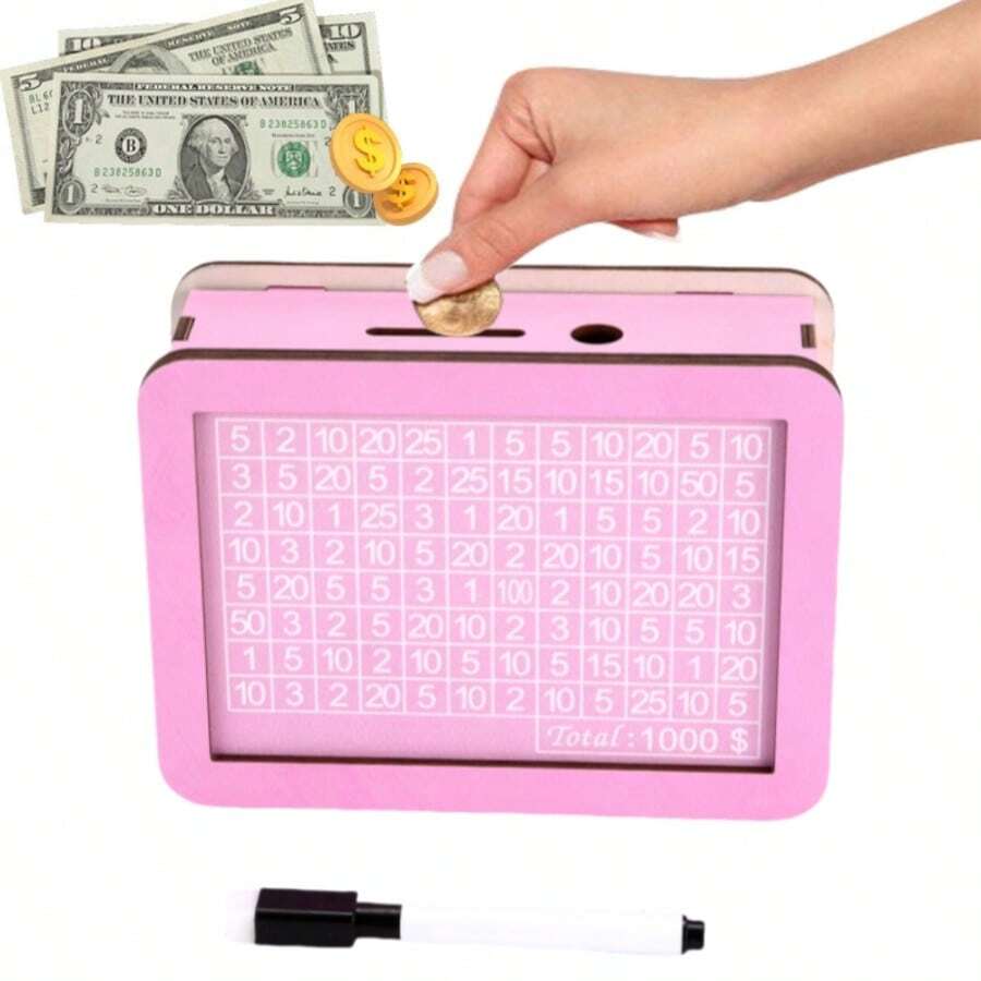 1 pièce Tirelire en forme de signe du dollar DIY, boîte à monnaie en bois rose et bleue, réutilisable et inscriptible. Convient pour les pièces et les billets, plan d'épargne, cadeaux pour garçons et filles