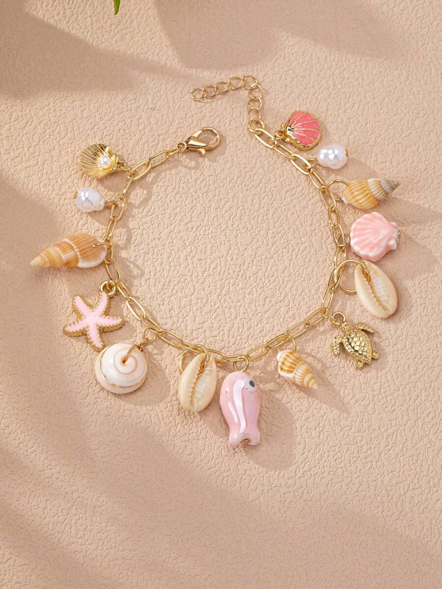 1 Peça Pulseira Charm com Vida Marinha de Verão, Pulseira com Encantos de Estrela do Mar, Concha e Peixe, Estilo Praia, Joia Boho de Estilo de Férias para Mulheres