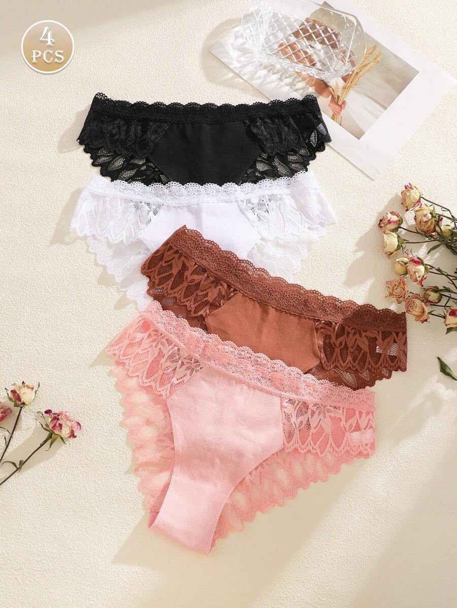 Set de 4 piezas de bragas de mujer con encaje sin costuras, unicolor, con diseño sexy y romántico