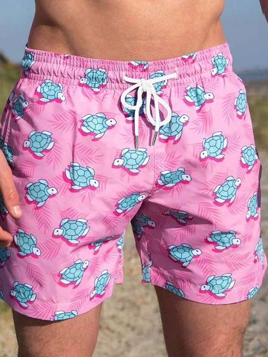 Pantalones cortos de playa casuales de verano para hombres con cordón, estampado completo de tortuga, de secado rápido, para uso diario y vacaciones, estilo hawaiano
