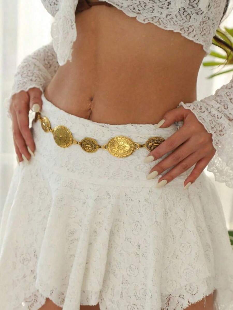1 pièce Ceinture décorative de style occidental vintage avec disque métallique doré et motif floral gravé