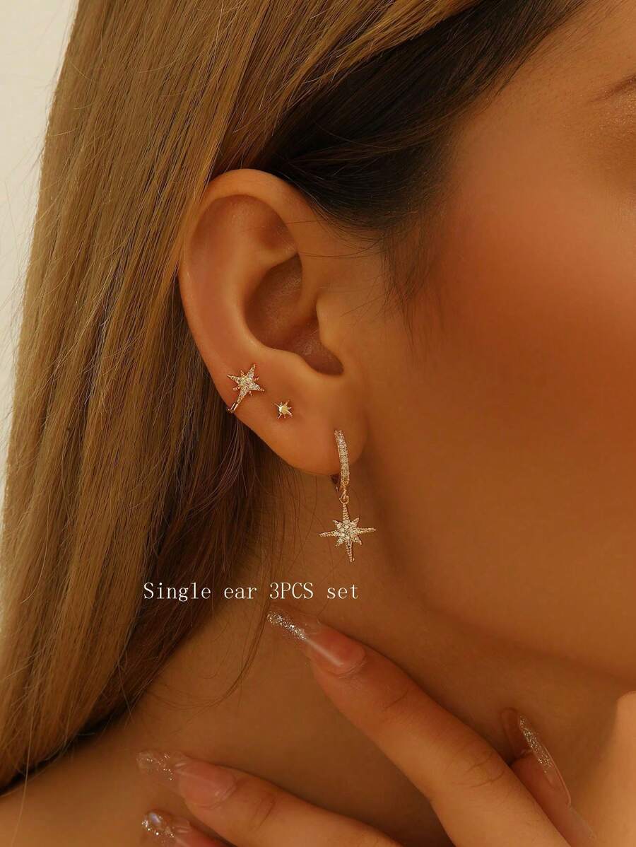 2Pcs/3Pcs Copper Alloy Stud Earrings Set With 8-Pointed Star Zirconia Stone Design, Suitable For Women Daily Use, Gifts, Parties