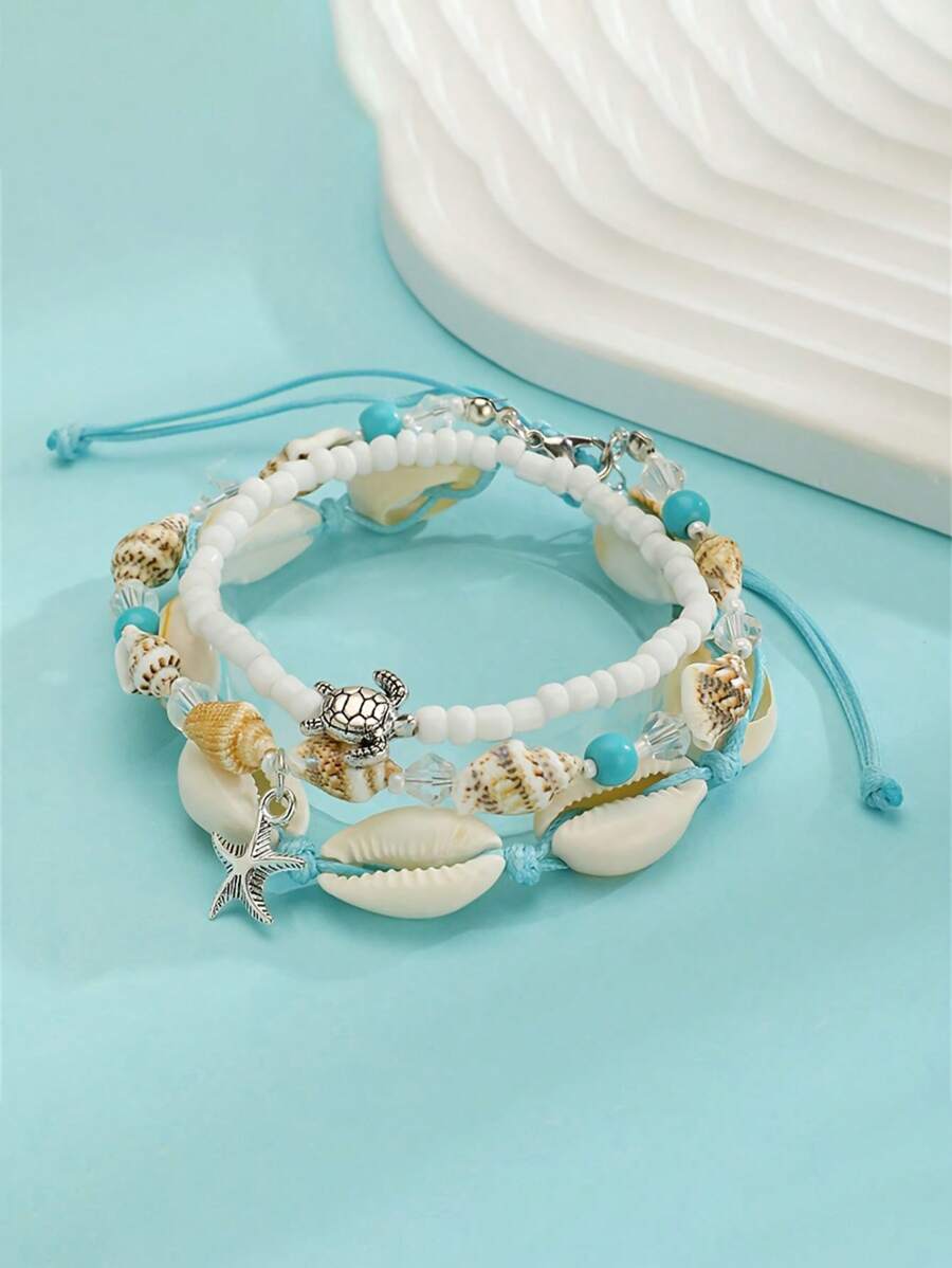 3 pièces/Set Bracelets thème océanique, comprenant des bracelets perles coquille/étoile de mer/tortue/conque, style plage d'été, bracelet en cordon fait main pour femmes