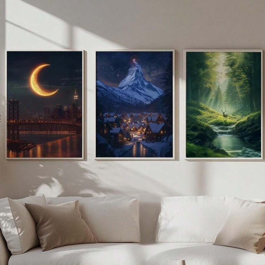 Set de 3 obras de arte enmarcadas en madera con pósteres en lienzo, pintura decorativa. Conjunto de 3 impresiones "Trono de Cristal", "Ciudad Creciente", "Velaris", "Terrasen", "Acotar" Citas de libros Impresión artística enmarcada
