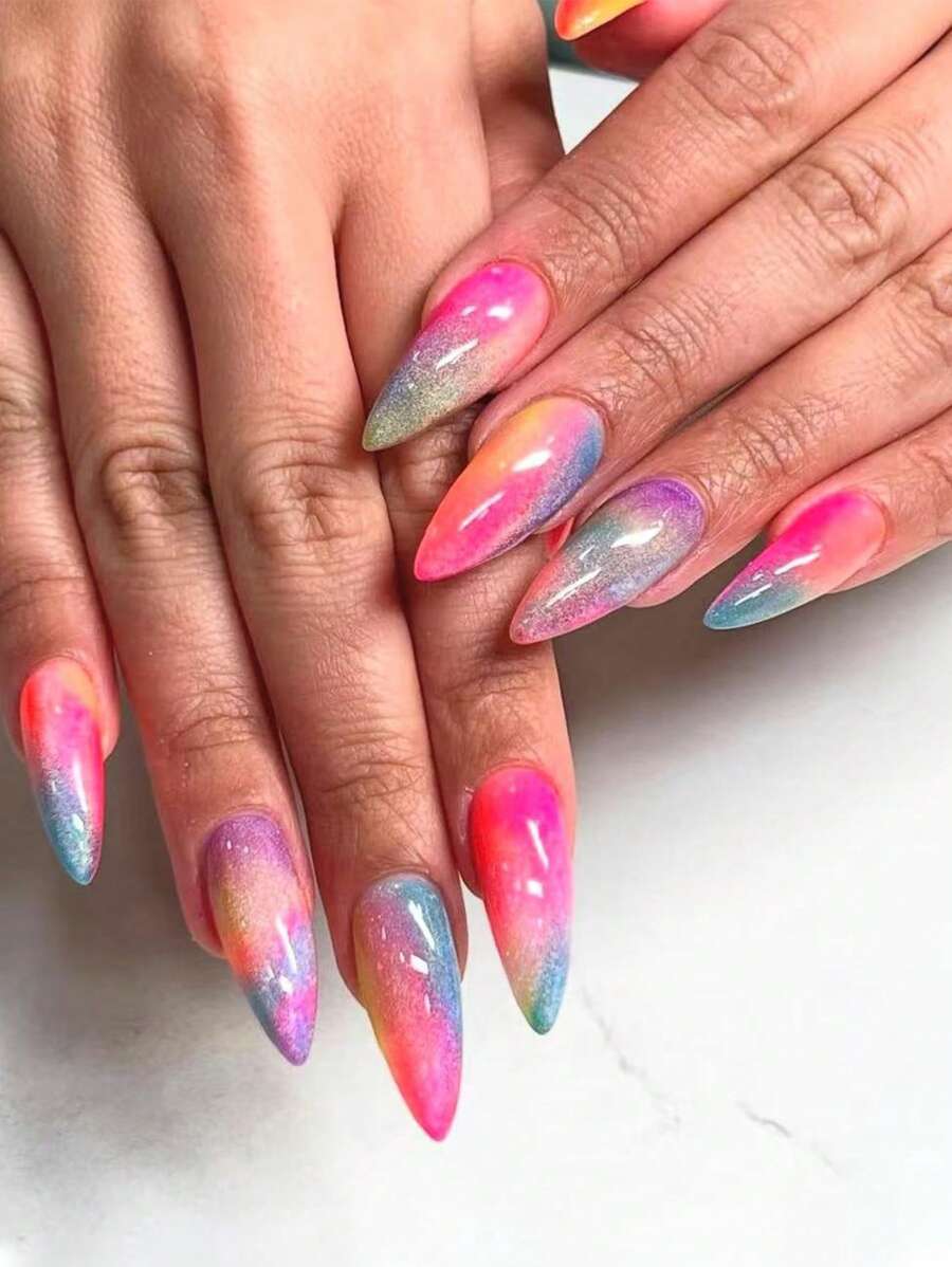24 Pieces Long Almond Shaped Press On Nails, French Color Smudged Summer Nails, Sweet Cool Fresh Style, Suitable For Women And Girls Daily, Work, Travel Vacation