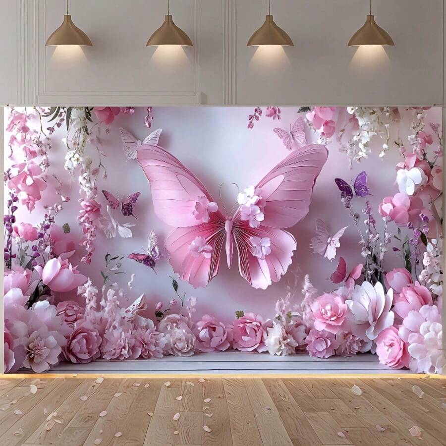 1pc Princess Birthday Party Butterfly & Flower Photography Backdrop, Multi-Size Background Prop