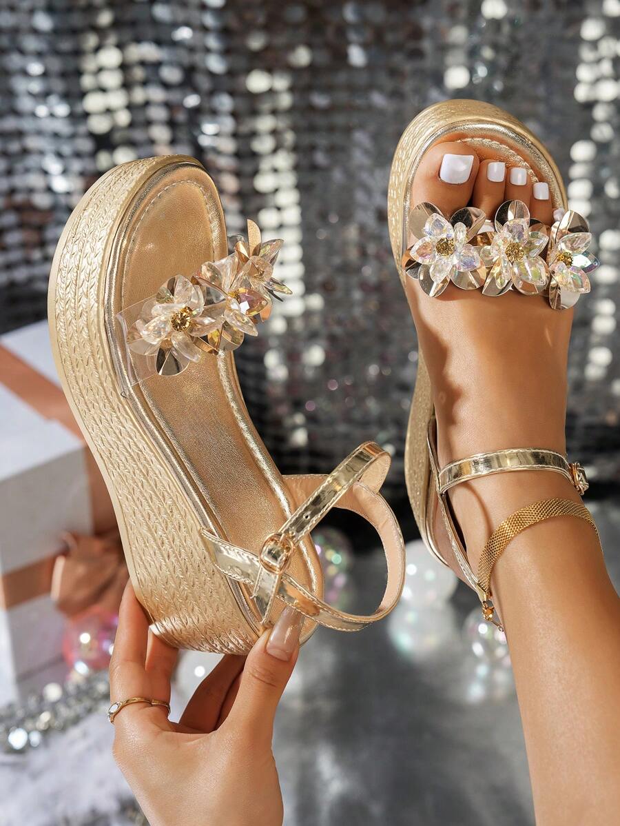 Sandalias de mujer con tira de tobillo, suela gruesa, piedras rhinestone y cuentas doradas con diseño de flor - Sandalias de verano casuales con plataforma y talón grueso, de punta abierta