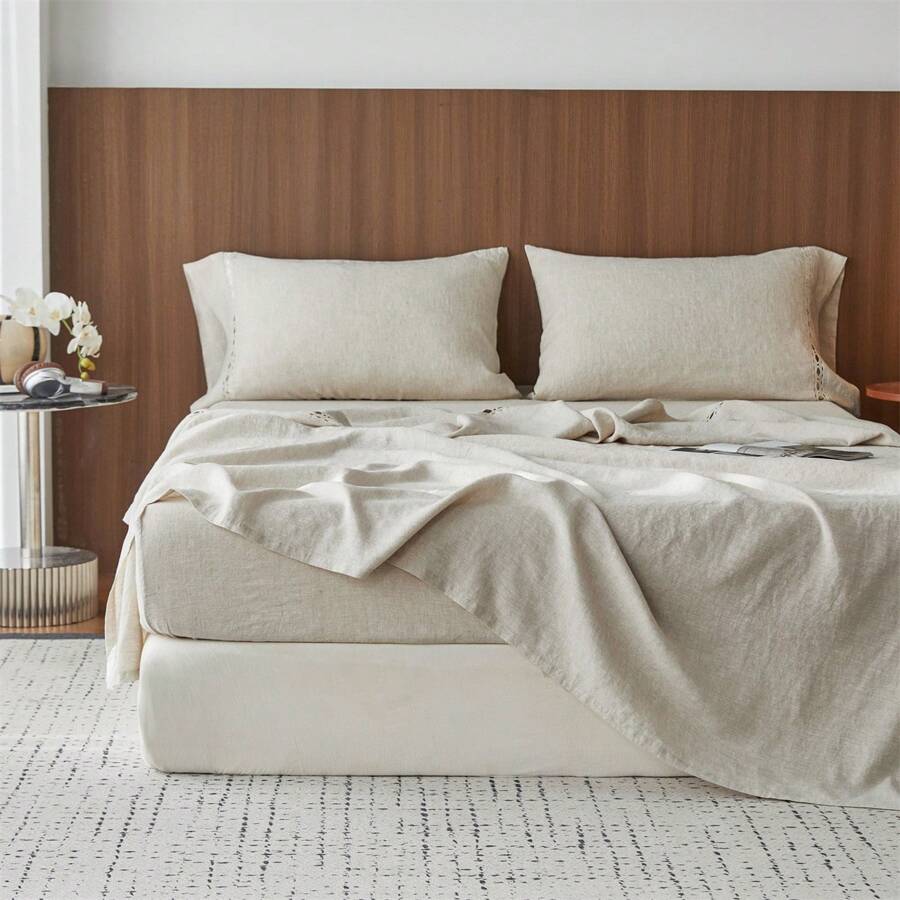 4 Pcs 100% Washed Linen Sheet Set-Natural French Flax Bed Sheet- Breathable,Ultra Soft,Farmhouse Bedding (1 Flat Sheet, 1 Fitted Sheet, 2 Pillowcases) With Lace Hemstitch