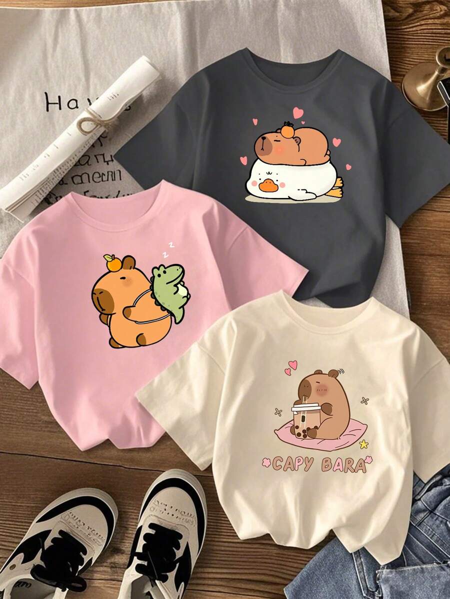 Set de 3 camisetas de cuello redondo de manga corta con estampado casual para niñas, tops de verano para adolescentes y estudiantes