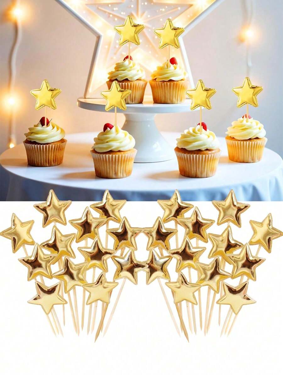 50/100pcs Gold Foil Star Cupcake Toppers, Cute Party Decorations Suitable For Weddings, Birthdays, DIY Desserts, Fruit Food Picks