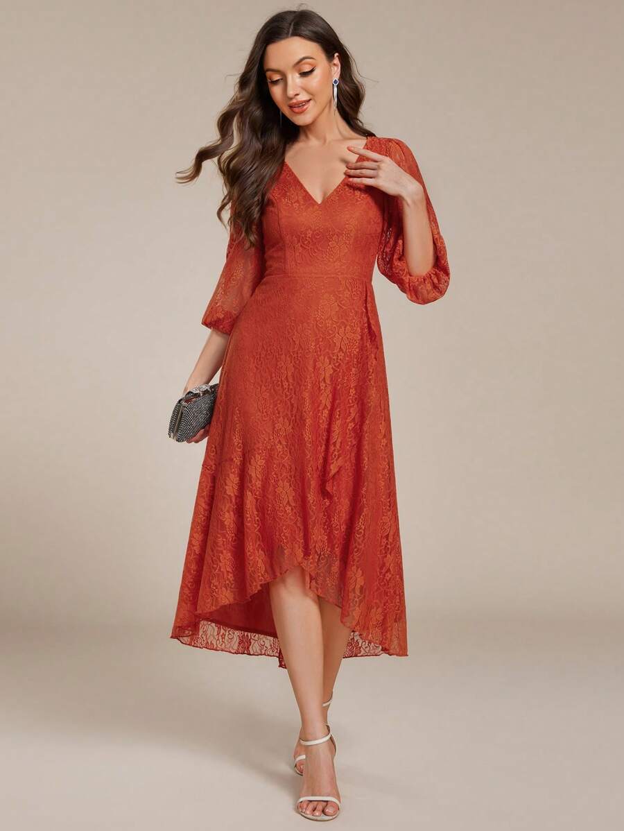 EVER-PRETTY Women's Lace V Neck Sheer Midi Burnt Orange Wedding Guest Dresses Formal Dresses For Wedding
