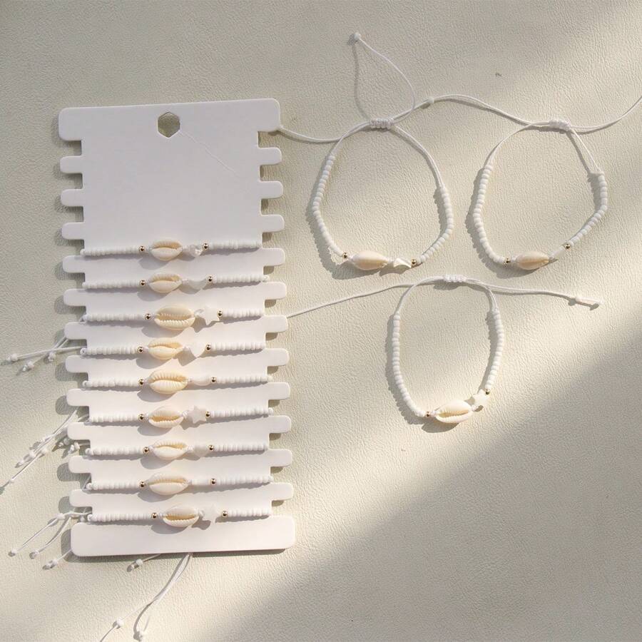 12er Set Damen Perlen Armband mit verstellbarem Verschluss und Natürlichen Muschel, Stern- und Mondformen, geeignet für Urlaub, Musikfestival, Party