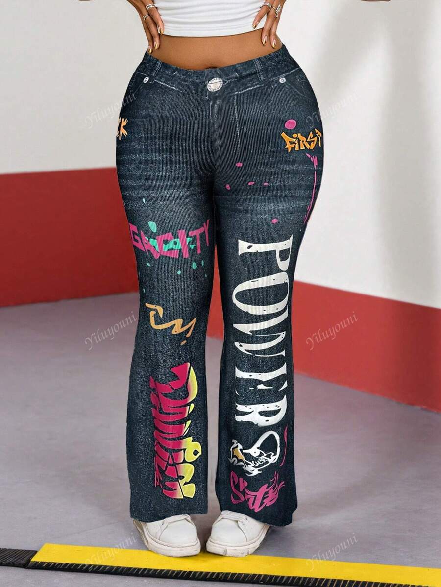 Women Plus Size Colorful Letter Print Denim Effect Pocket Flared Pants