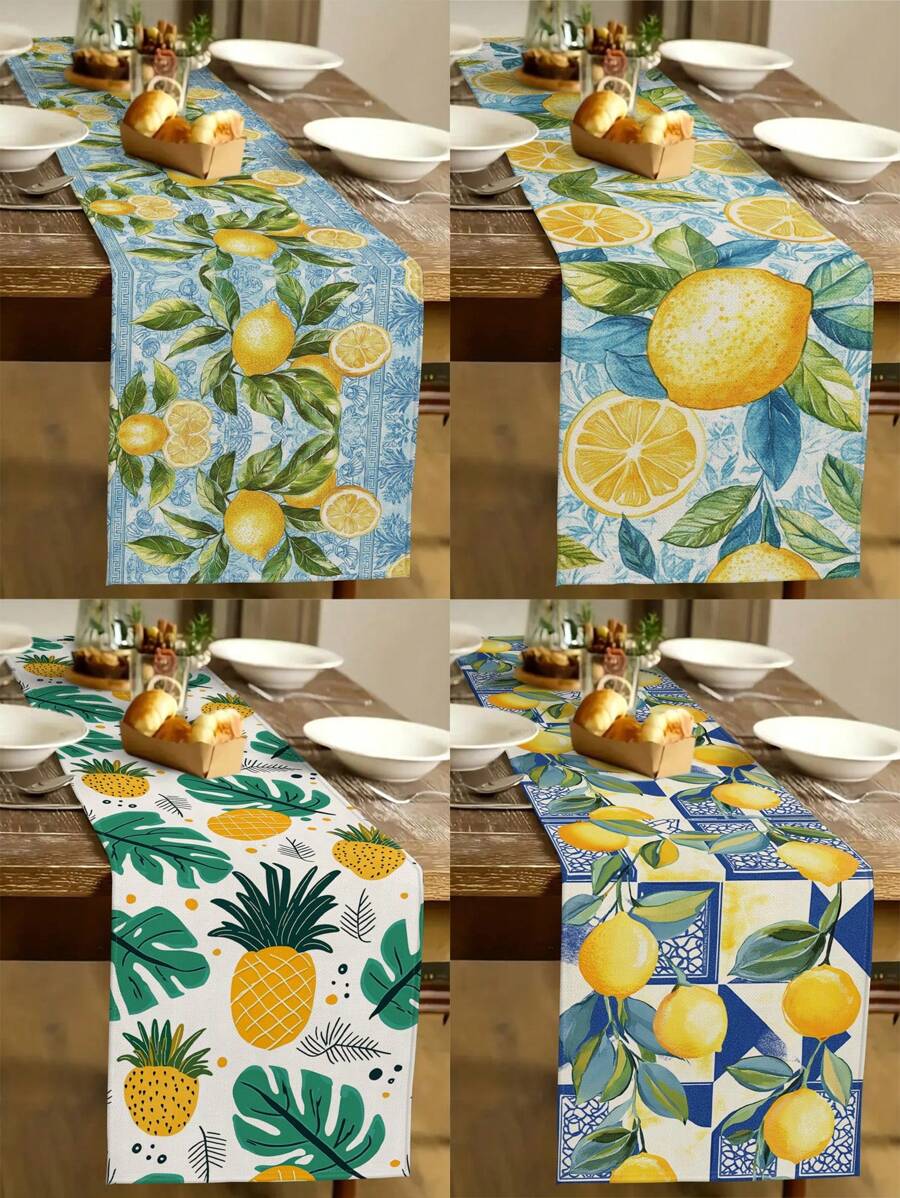 1pc Lemon & Pineapple Printed Table Runner, Suitable For Kitchen, Dining Room, Holiday Decor, Family Gathering, Home Decor, Outdoor Dining Table, Coffee Table Decoration