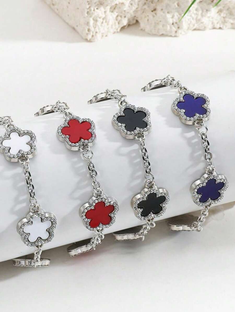 1pc Light Luxury Single-Sided Zirconia Inlaid Stainless Five Leaf Grass Bracelet, For Daily Wear, Dating, Vacation And Other Occasions. Made Of Hypoallergenic Titanium Steel And Popular Jewelry, It Is The Perfect Gift For Girlfriends 