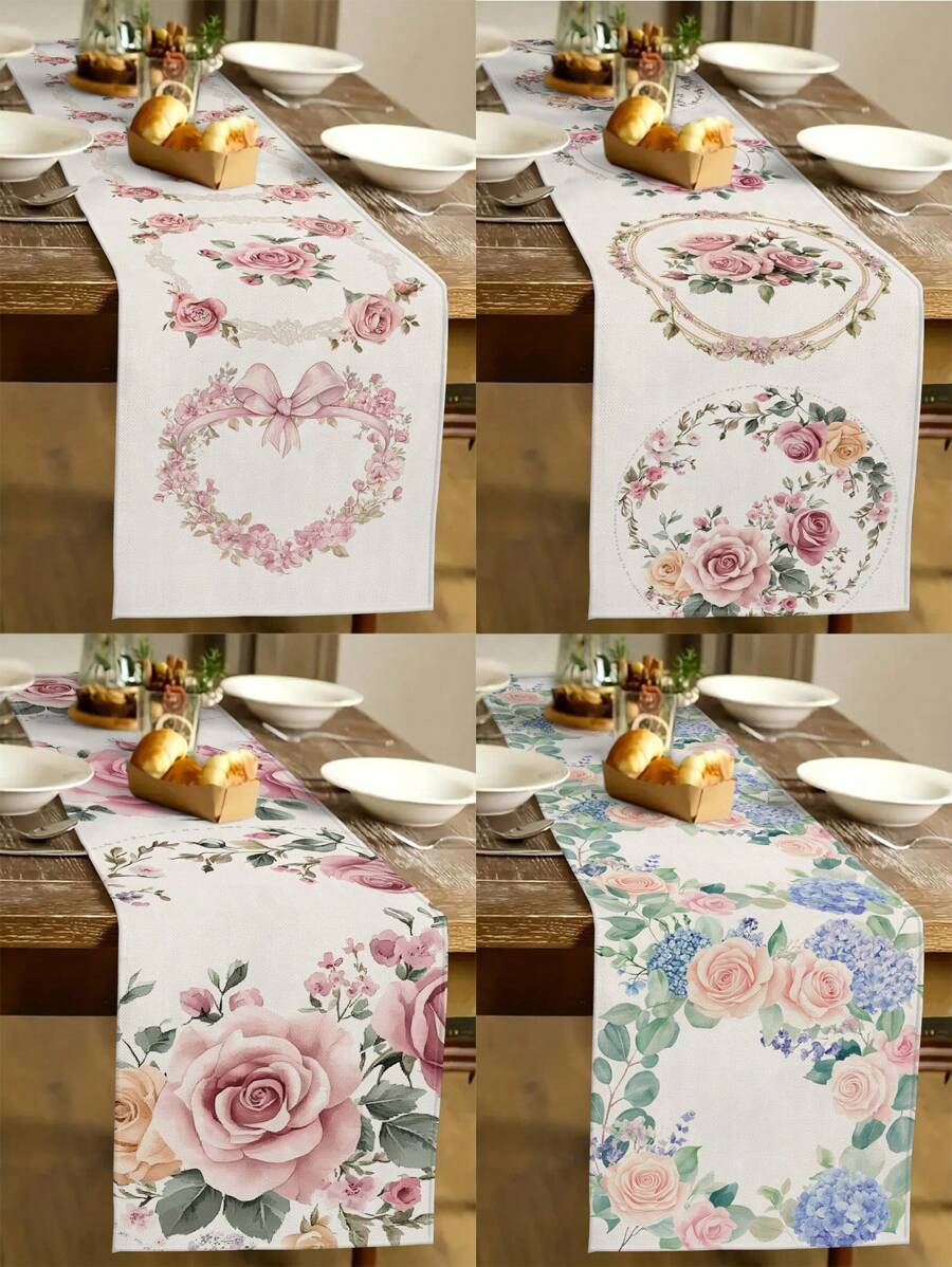 1pc Pink Heart Rose Floral Print Table Runner, Kitchen, Dining Room Decor, Holiday Decor, Home Gathering, Home Decor, Wedding Setting, Outdoor Dining, Coffee Table Decoration