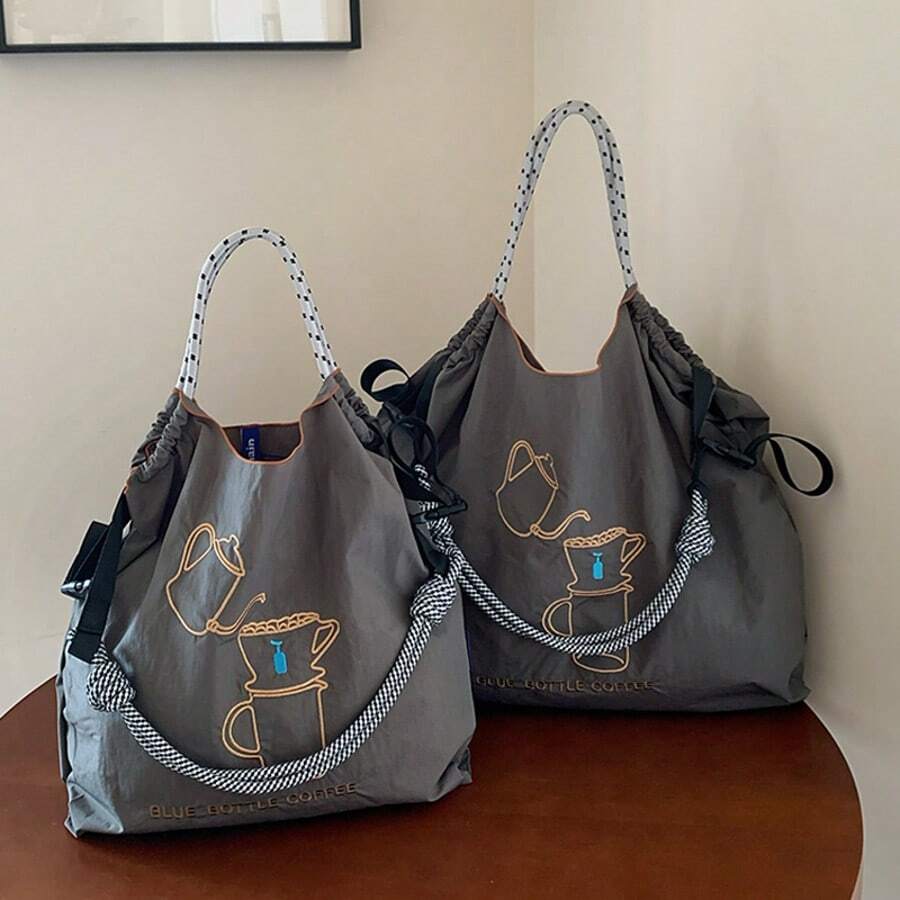 Women's Shoulder Bag, Stylish And Elegant, Nylon Bag, Embroidered Coffee Pot Pattern, Cloth Bag, Large Capacity, Lightweight, Foldable Storage, Crossbody Bag, Handbag, Commute, Travel, School, Leisure, Fashion Street Photo, Holiday Gift Large Capacity Tote