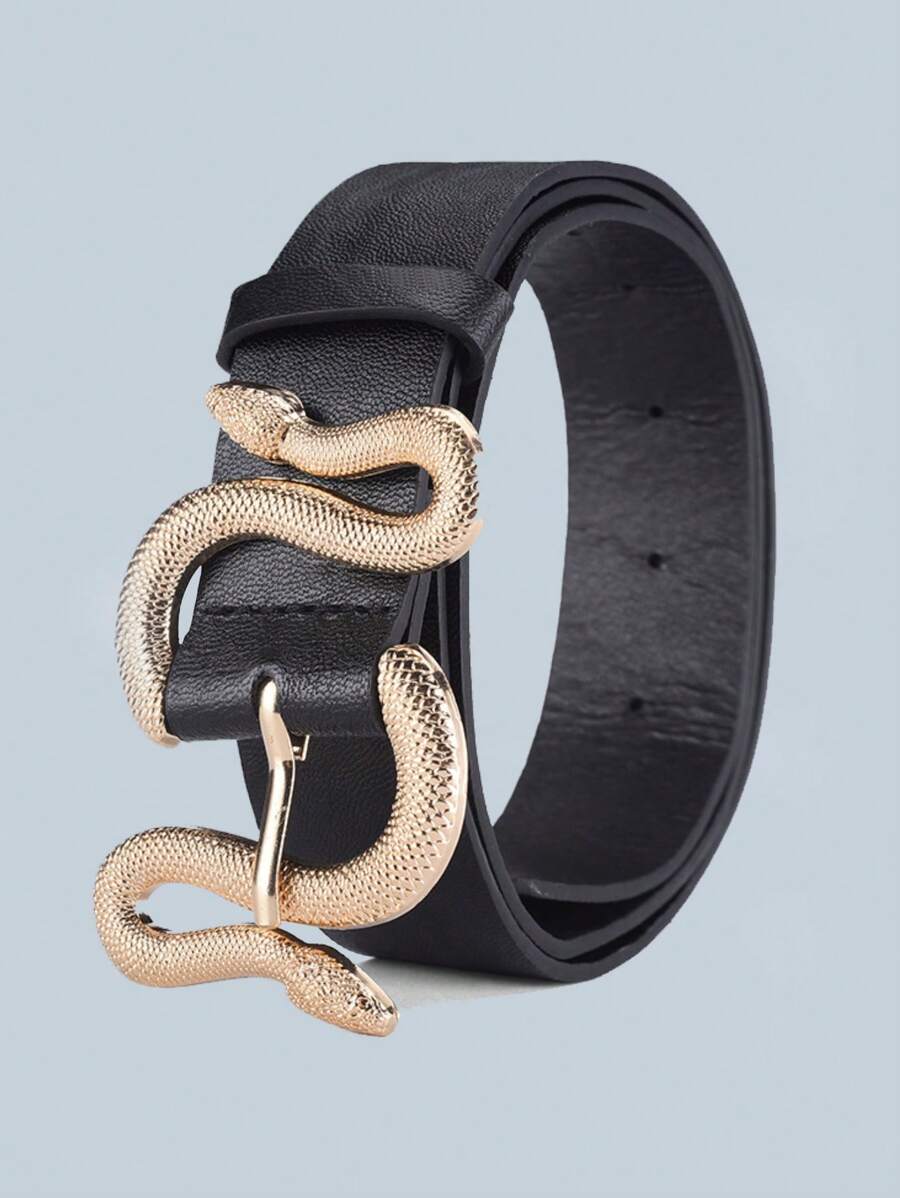 1pc Fashion Golden Snake Buckle PU Leather Belt, Unisex Suitable For Party Casual Daily Commute Holiday Accessory