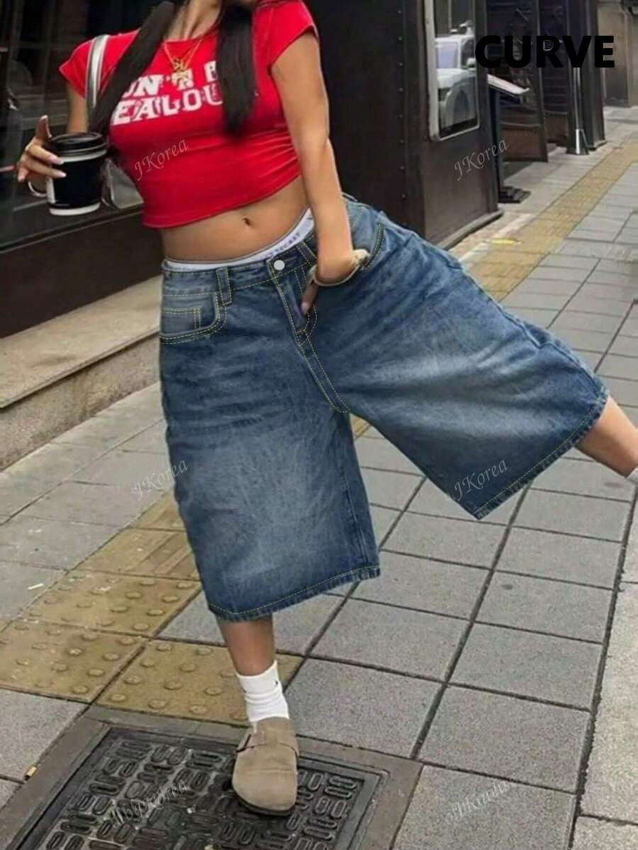 Plus Size Spring And Summer New Street Style Mid-Waist Non-Elastic Loose Casual Plus-Size Women's Denim Shorts