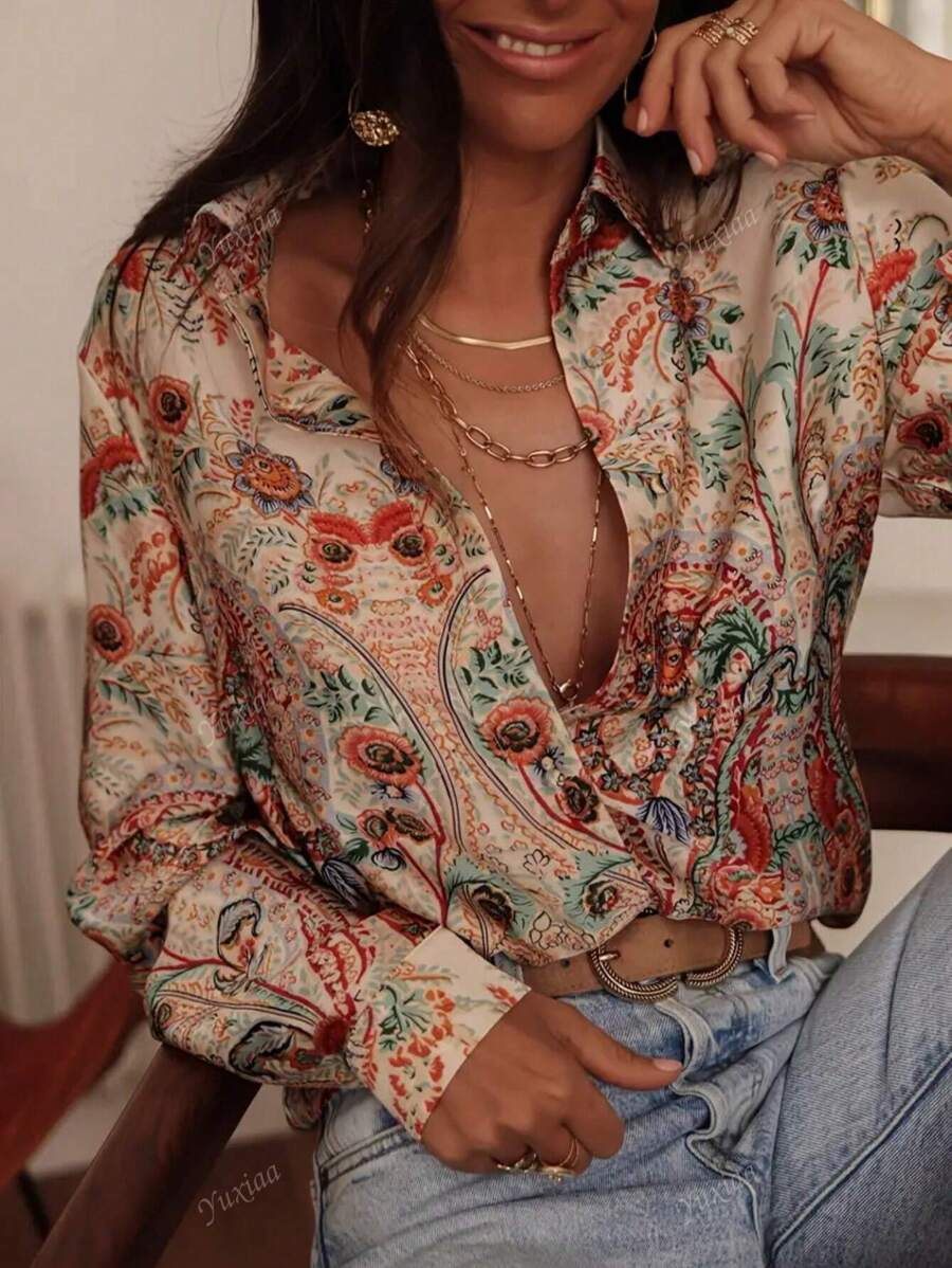 Elegant Polyester Paisley Print Blouse For Women With Lapel Collar And Button Detail - 100% Woven Polyester Fabric, All-Season Long Sleeve Shirt Top