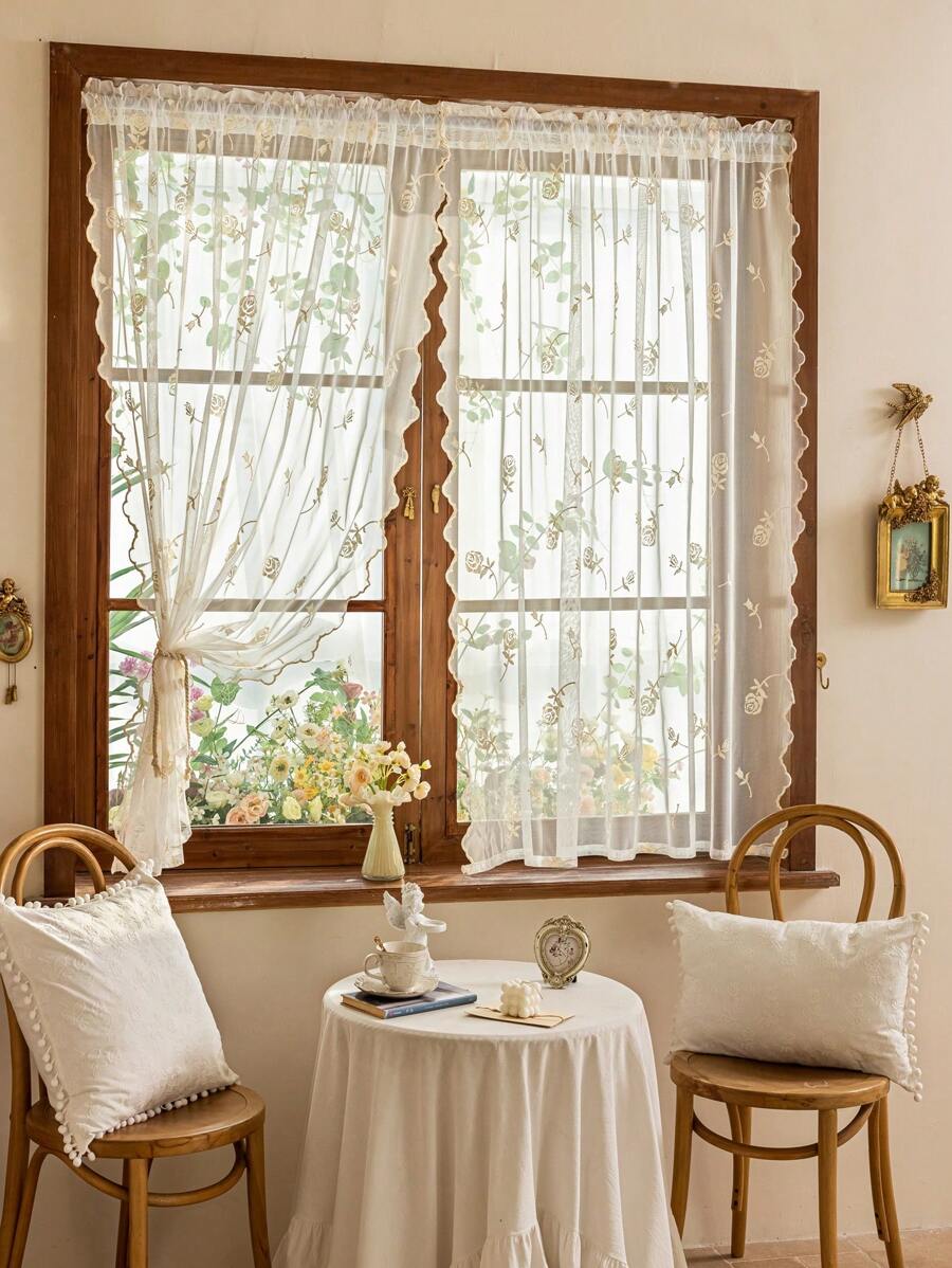 2pcs Lace Embroidery Ultrasonic Heat Seal Sheer Decorative Small Window Curtains & Door Curtains