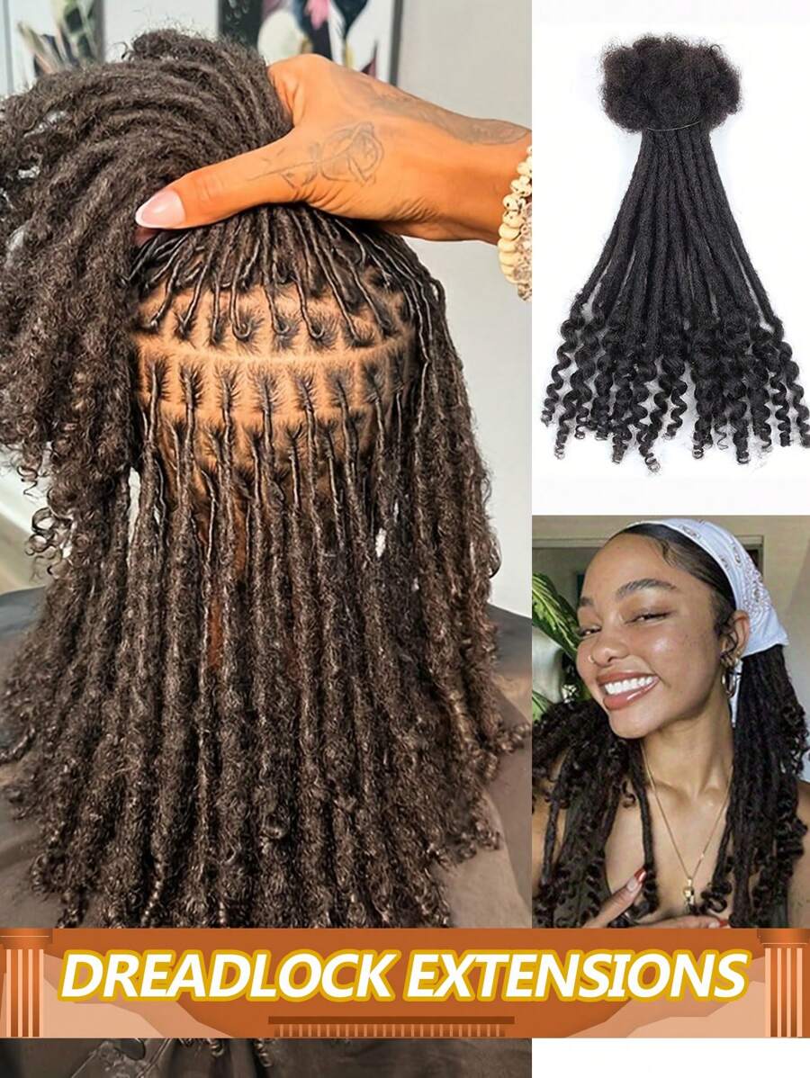 Extensões de dreadlocks de crochê feitas à mão, cabelo humano com pontas cacheadas, 0,6 cm de comprimento, 0,4 cm de largura, 8-20 polegadas, preto natural, unissex, para mulheres e homens, cabelo de crochê, 10 fios