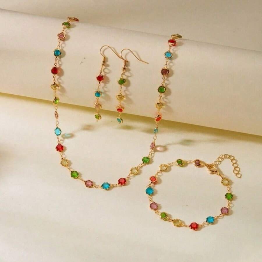 4pcs/Set Summer Fashion Crystal Necklace, Bracelet And Earring Jewelry Set, Birthday, Party, Holiday Gift For Lover, Mom, Jewelry Accessories, Random Color Crystals