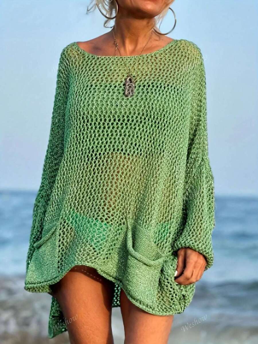 Women'S Plus Size Sexy Hollow-Out Loose Vacation Beachwear Knit Coverup With Pockets, Long Sleeves, And Round Neckline