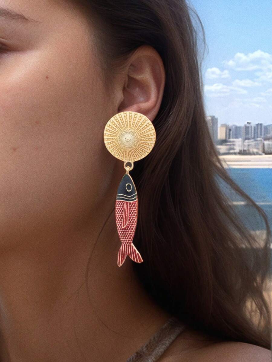 1 Paar einfache, modische Ohrringe aus der Meerestrilogie, Metall Luxus Anhänger (Fisch, Krake, Qualle), Bohemien Beach Resort Stil, elegante Ohrstecker
