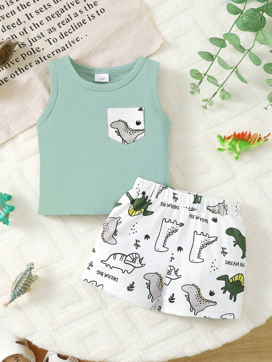 BrownBark 2 piezas Conjunto de chaleco y pantalones cortos con estampado de dinosaurio lindo para bebé/niño pequeño, conjunto informal de verano, perfecto para uso diario y actividades al aire libre