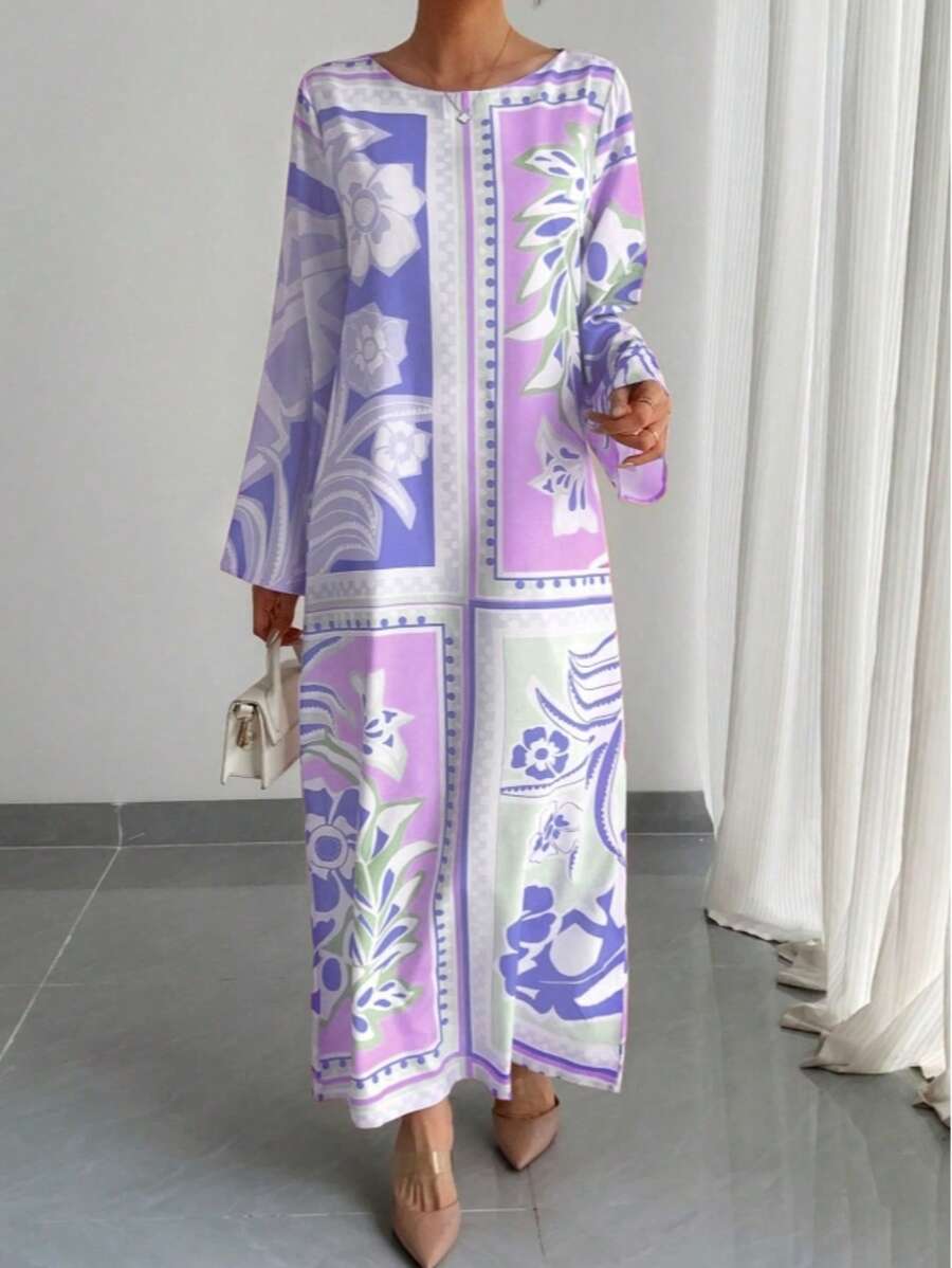 Elegant Arabic Robe, Summer Loose Fit Lightweight Breathable Round Neck Long Sleeve Casual Resort Style Gown, Traditional Arabic Clothing Formal Dress, Holiday Cocktail Dress