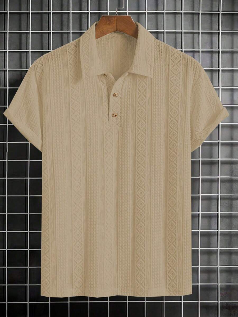 Men's Fashion Classic Geometric Textured Solid Color Half-Button Collared T-Shirt, Casual Chic Commute Street Wear Summer New Arrival