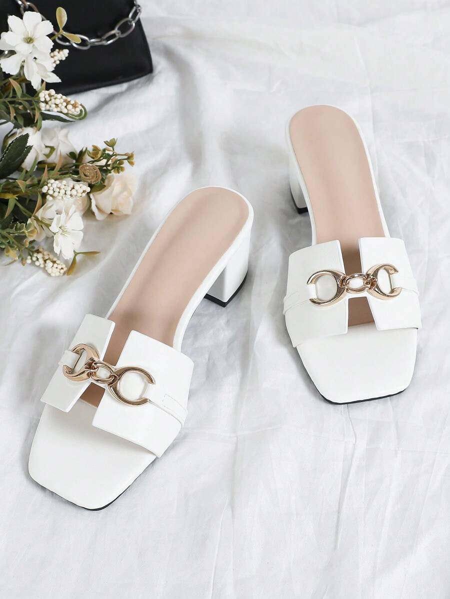 Chunky Heel Versatile Slip-On Minimalist Metal Buckle Women Sandals, Elegant Open Toe White High Heel Sandals