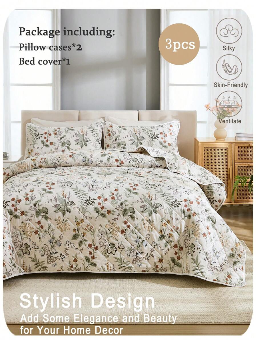 3-delige beddengoedset met bloemenprint (1 bedovertrek + 2 kussenslopen, alleen buitenstof, geen vulling), zachte polyestervezel, geschikt voor woonkamer, slaapkamer, hoofdslaapkamer, logeerkamer, alle seizoenen, geweldig cadeau