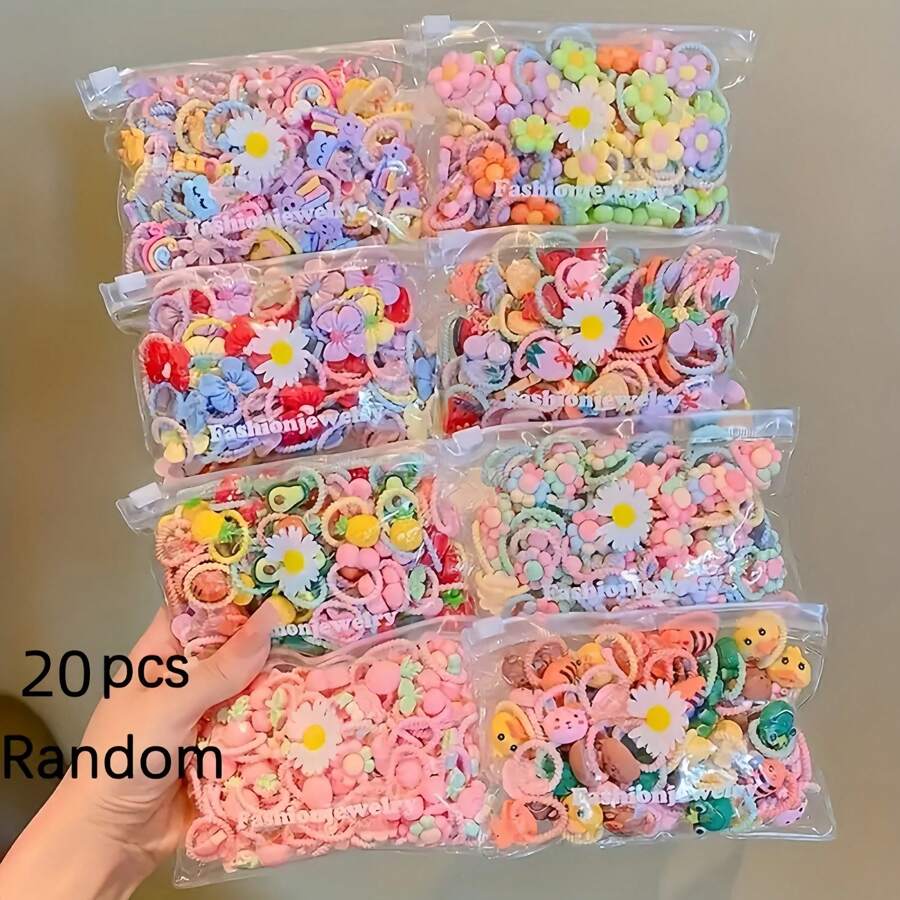 20-Pcs Cute Flower Hair Ties For Women And Girls - Simple Floral Elastic Hair Bands With Fruits And Animals Details, Plastic Material, Versatile For Ponytails And Hairstyles
