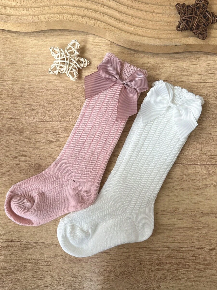 2 Pairs Kids Ribbed Bow Decor Over-The-Knee Socks, Suitable For Everyday Wear